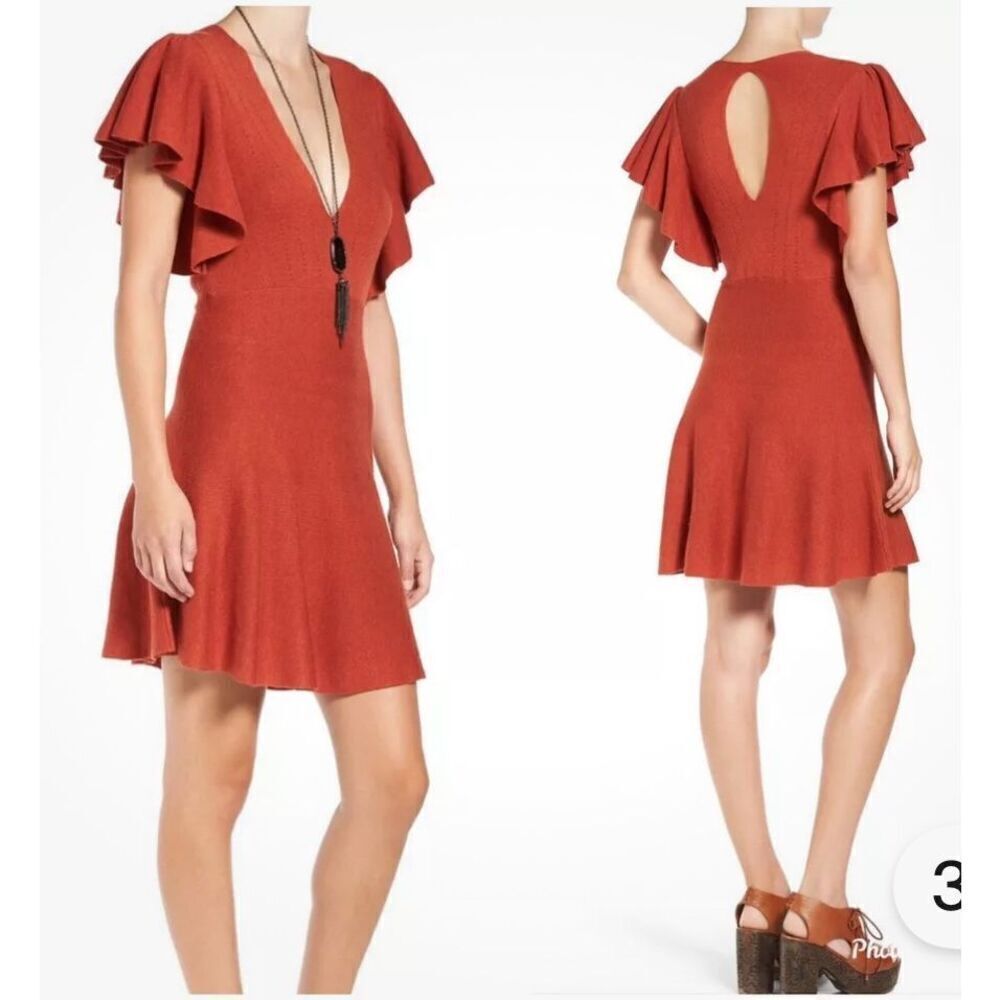 Free People flutter sleeve flare Knit dress XS rusty red brown